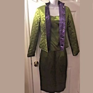 New WORTH 3 Piece Suit Silk Reversible Green Purple Skirt Jacket Tank Top